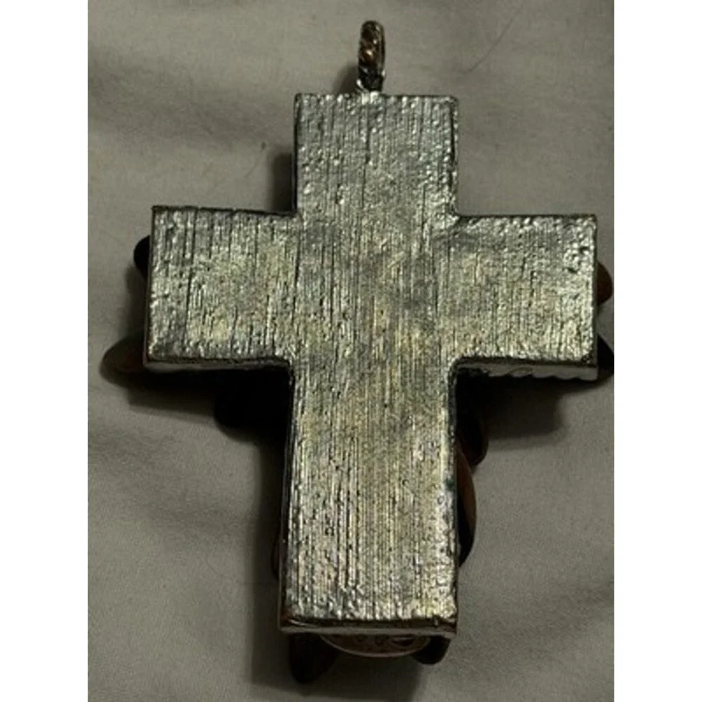 VINTAGE SILVER TONE CROSS SHAPED PENDANT ACRYLIC MULTICOLORED STONE ACCENTS